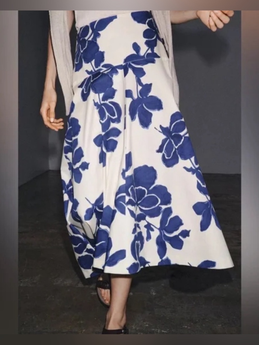 Zara White Midi Skirt with Bold Blue Floral Print